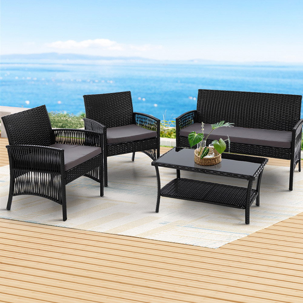 4 Piece Harp Style Wicker Outdoor Furniture Set - Black - Homecoze