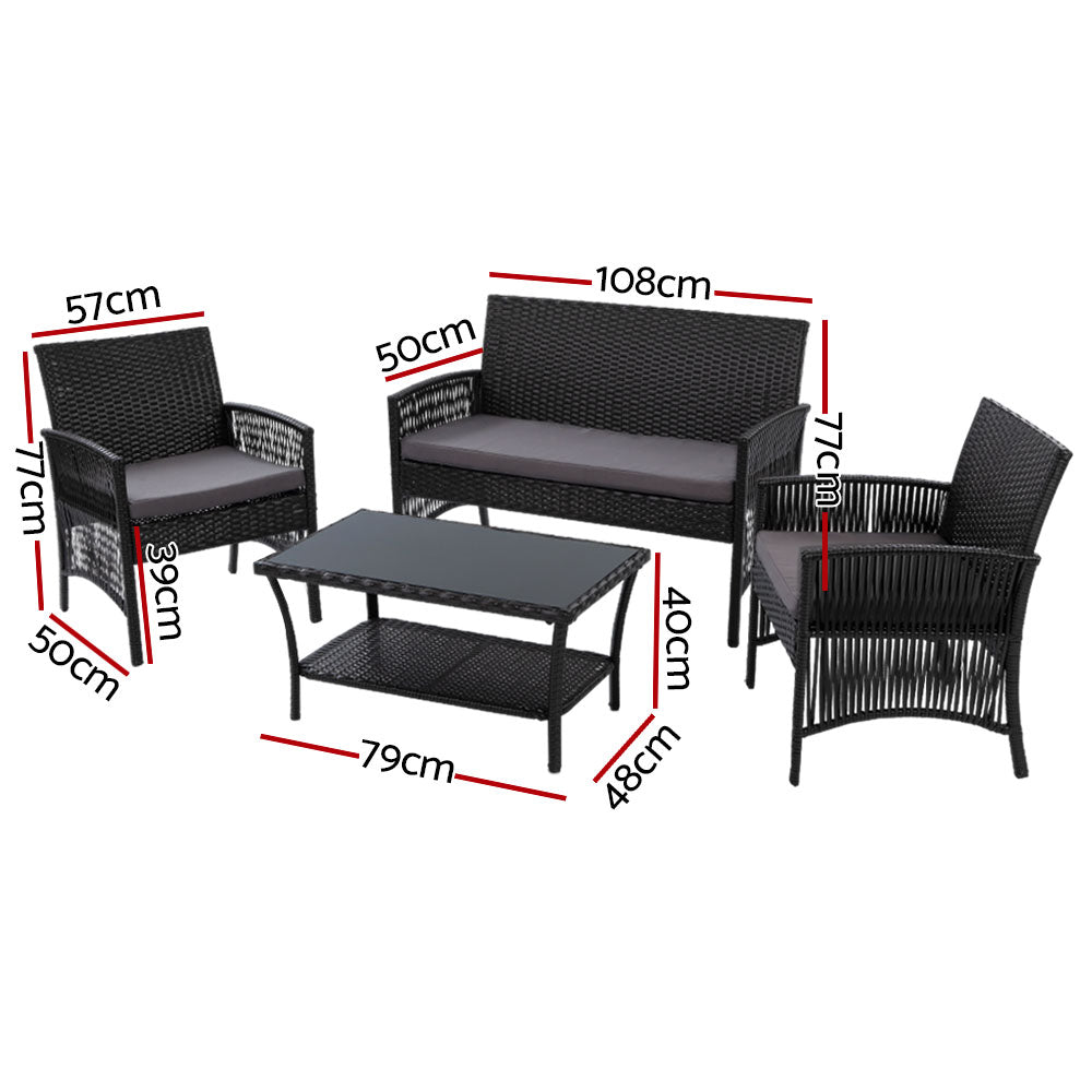 4PC Wicker Harp Style Outdoor Patio Table & Chair Set with Storage Cover - Black - Homecoze