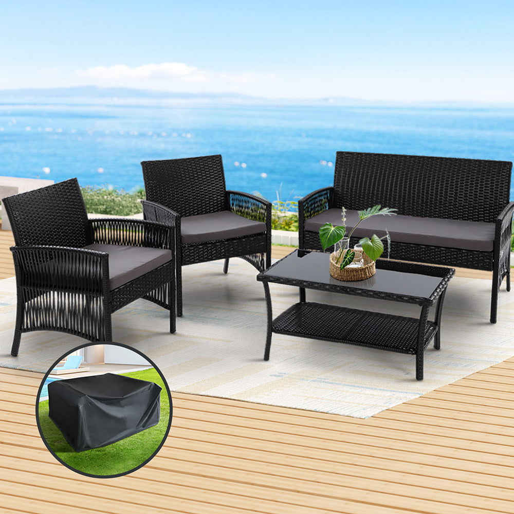 4PC Wicker Harp Style Outdoor Patio Table & Chair Set with Storage Cover - Black - Homecoze