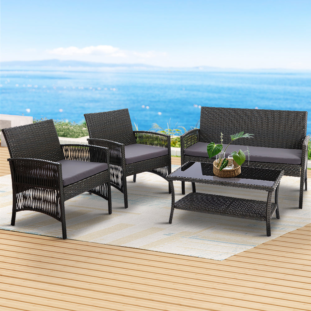 4 Piece Harp Inspired Wicker Outdoor Patio Table & Chair Set - Dark Grey - Homecoze
