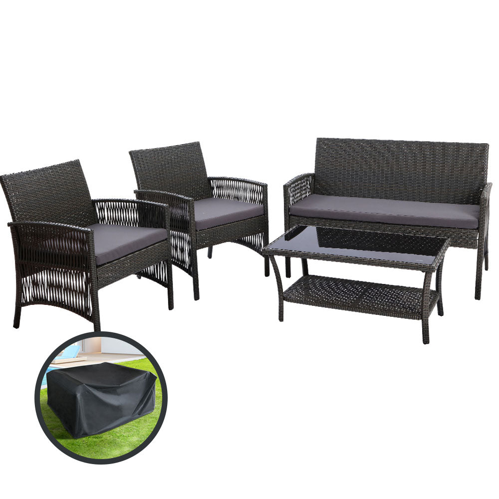 4PC Wicker Harp Style Outdoor Patio Table & Chair Set with Storage Cover - Dark Grey - Homecoze