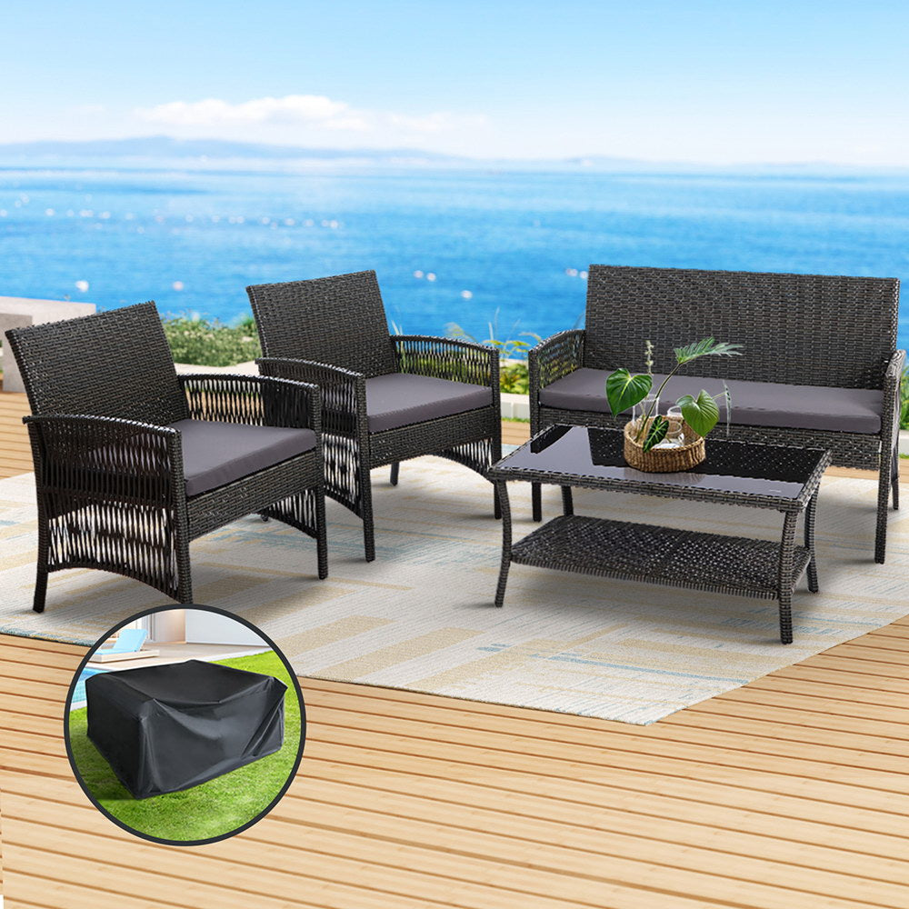 4PC Wicker Harp Style Outdoor Patio Table & Chair Set with Storage Cover - Dark Grey - Homecoze