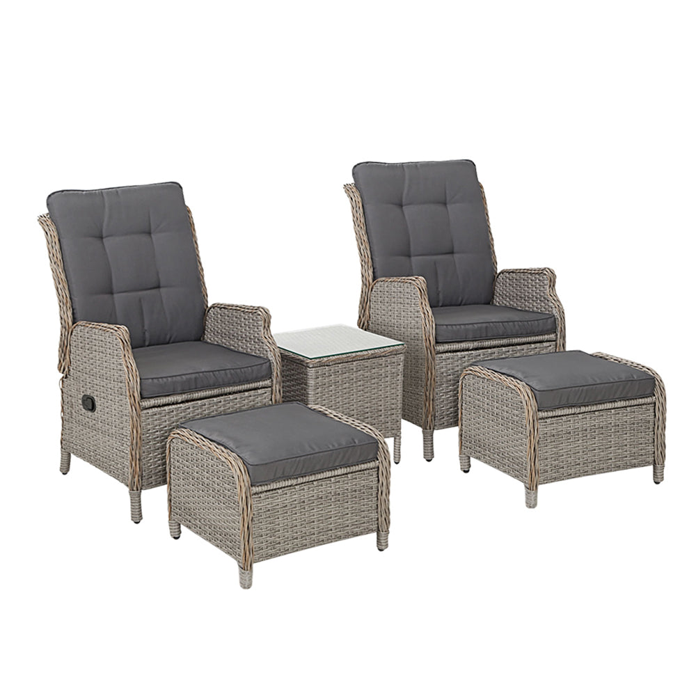5PC Wicker Outdoor Recliner Chair & Ottoman Side Table Set - Grey - Homecoze