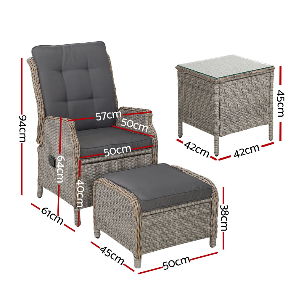 5PC Wicker Outdoor Recliner Chair & Ottoman Side Table Set - Grey - Homecoze