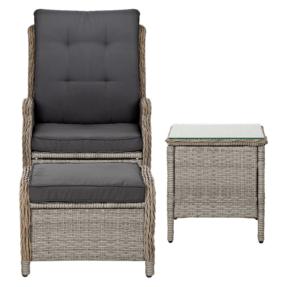5PC Wicker Outdoor Recliner Chair & Ottoman Side Table Set - Grey - Homecoze