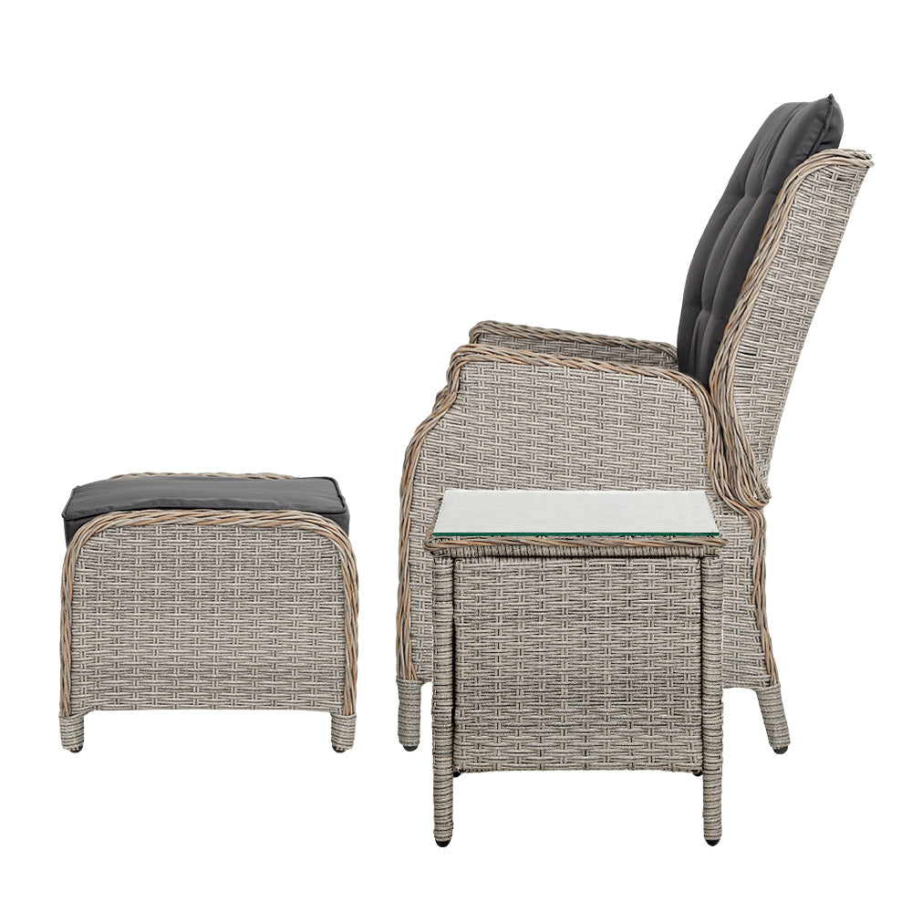 5PC Wicker Outdoor Recliner Chair & Ottoman Side Table Set - Grey - Homecoze
