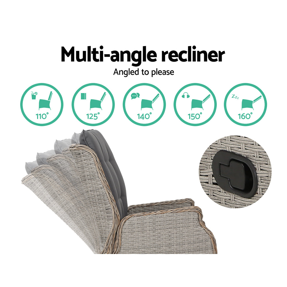 5PC Wicker Outdoor Recliner Chair & Ottoman Side Table Set - Grey - Homecoze