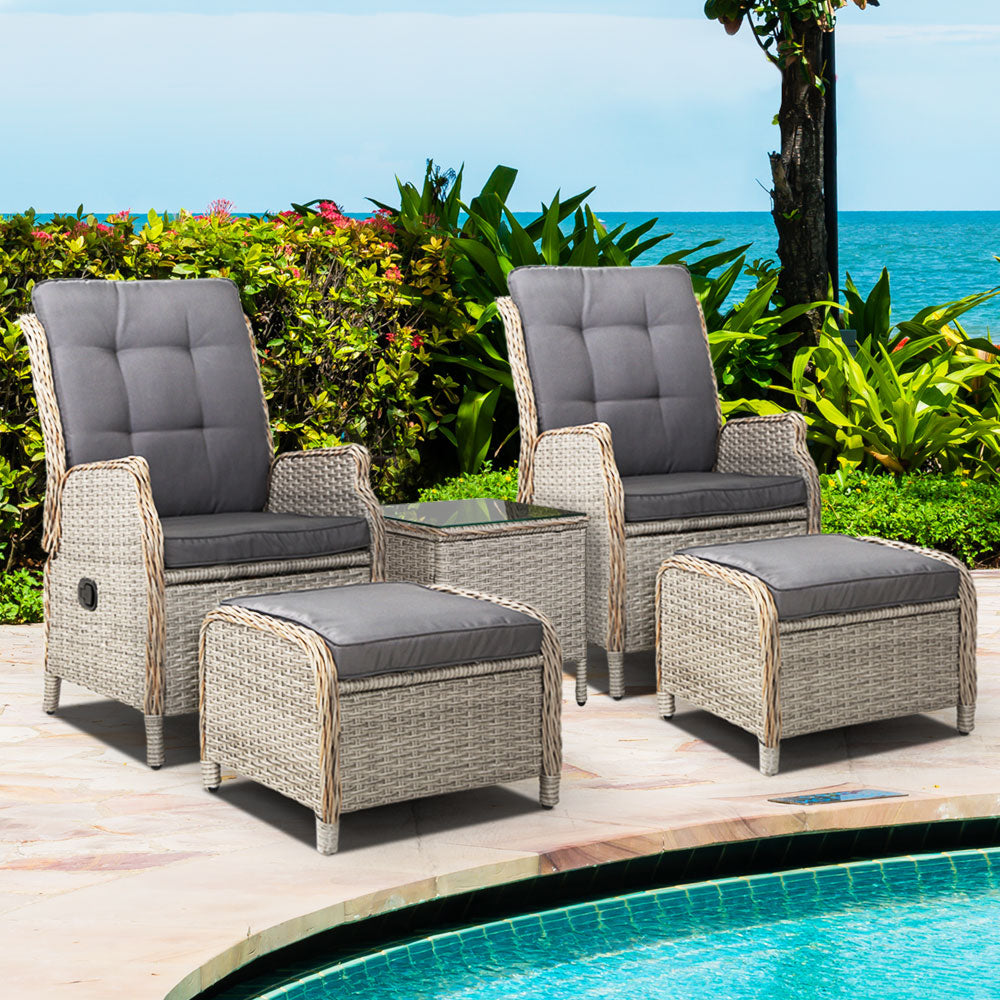 5PC Wicker Outdoor Recliner Chair & Ottoman Side Table Set - Grey - Homecoze