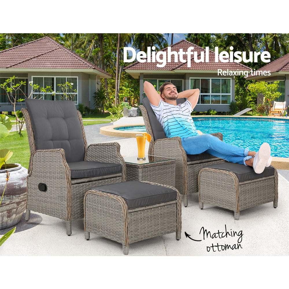 5PC Wicker Outdoor Recliner Chair & Ottoman Side Table Set - Grey - Homecoze