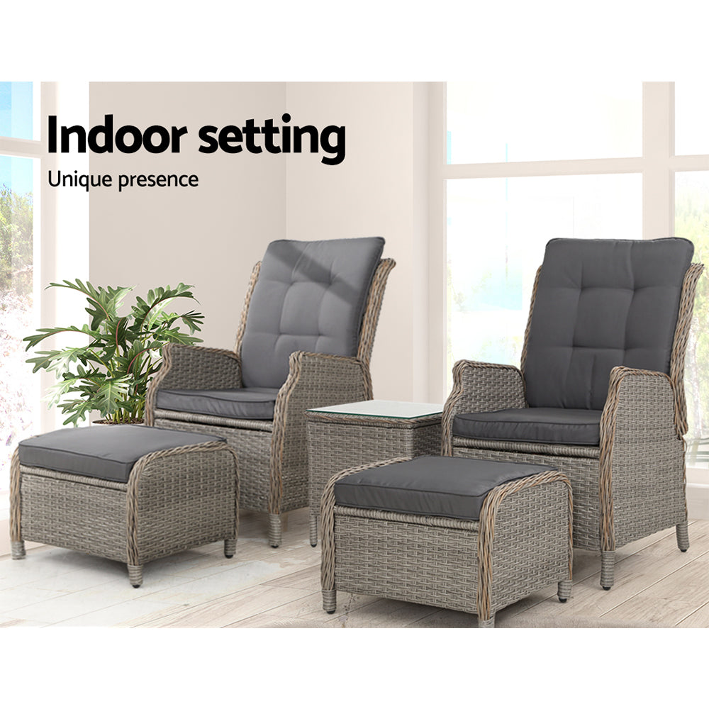5PC Wicker Outdoor Recliner Chair & Ottoman Side Table Set - Grey - Homecoze