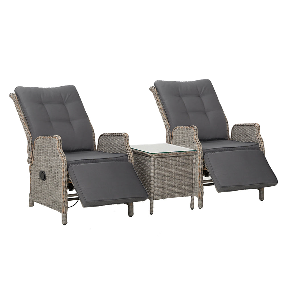 3PC Wicker Outdoor Recliner Chairs & Side Table Set - Grey - Homecoze