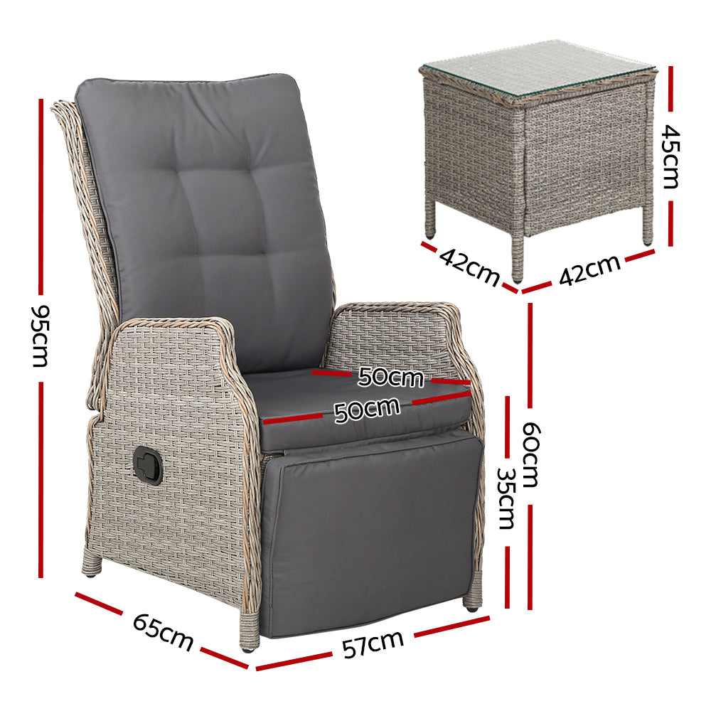 3PC Wicker Outdoor Recliner Chairs & Side Table Set - Grey