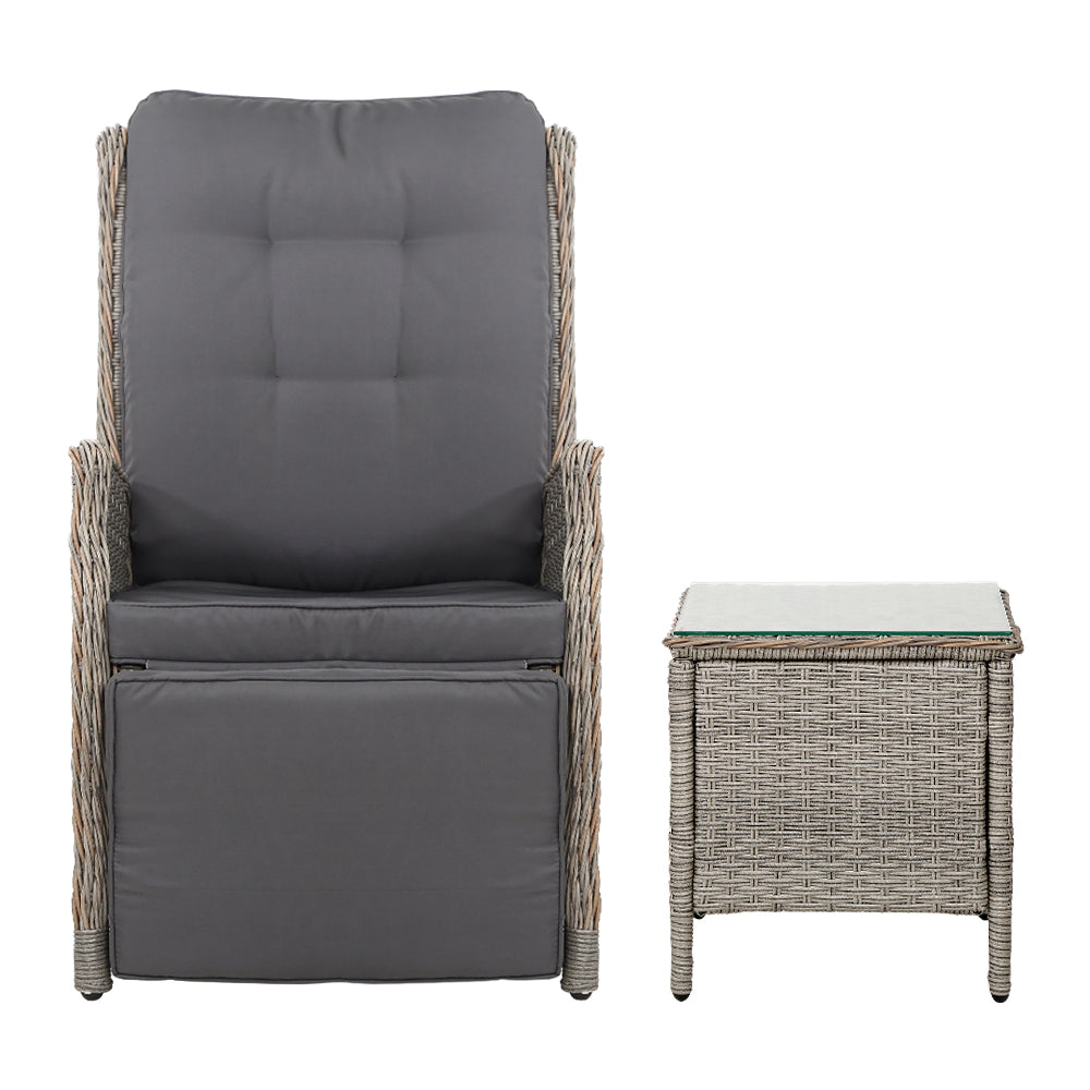 3PC Wicker Outdoor Recliner Chairs & Side Table Set - Grey