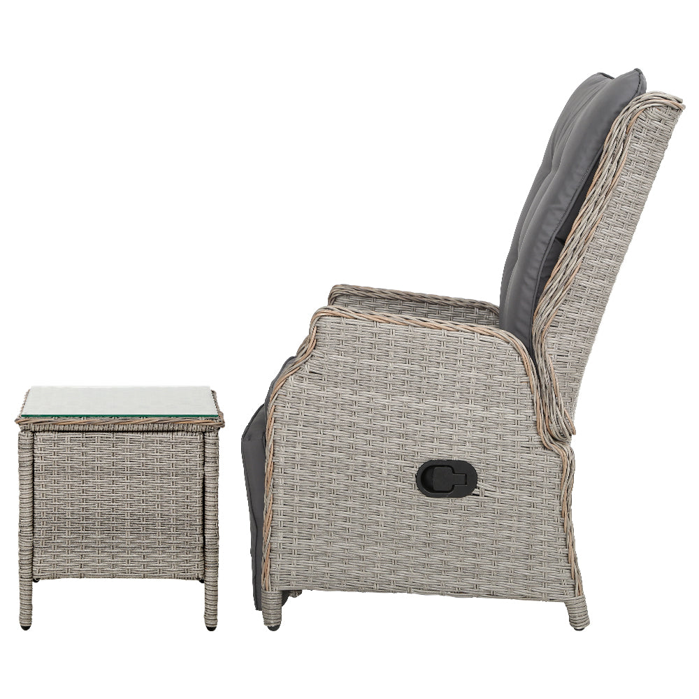 3PC Wicker Outdoor Recliner Chairs & Side Table Set - Grey