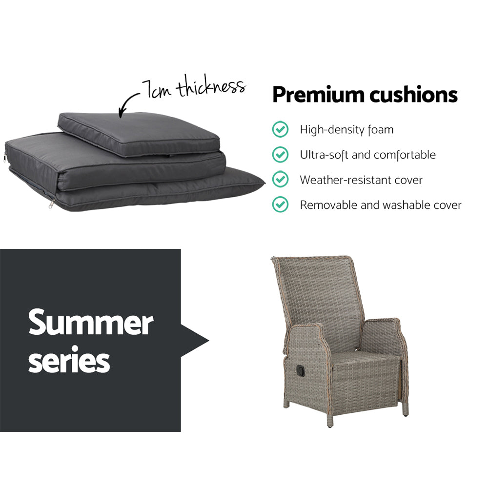 3PC Wicker Outdoor Recliner Chairs & Side Table Set - Grey - Homecoze