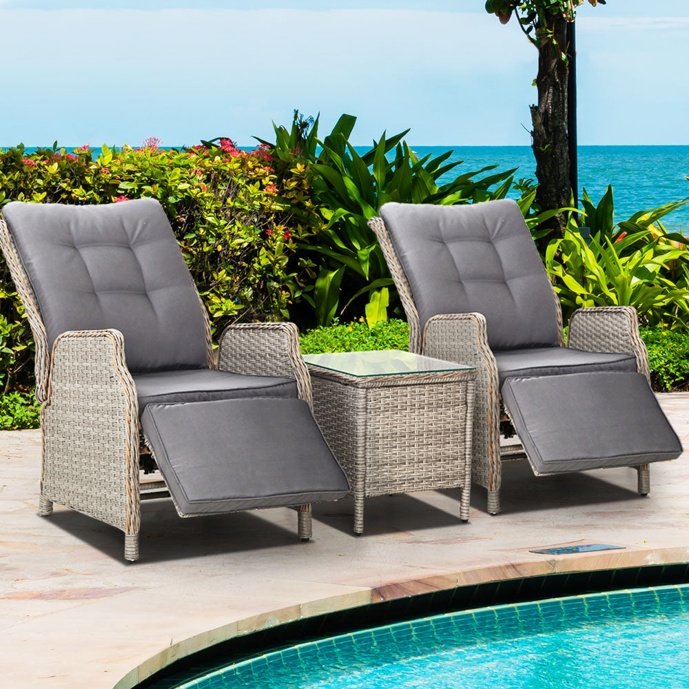 3PC Wicker Outdoor Recliner Chairs & Side Table Set - Grey