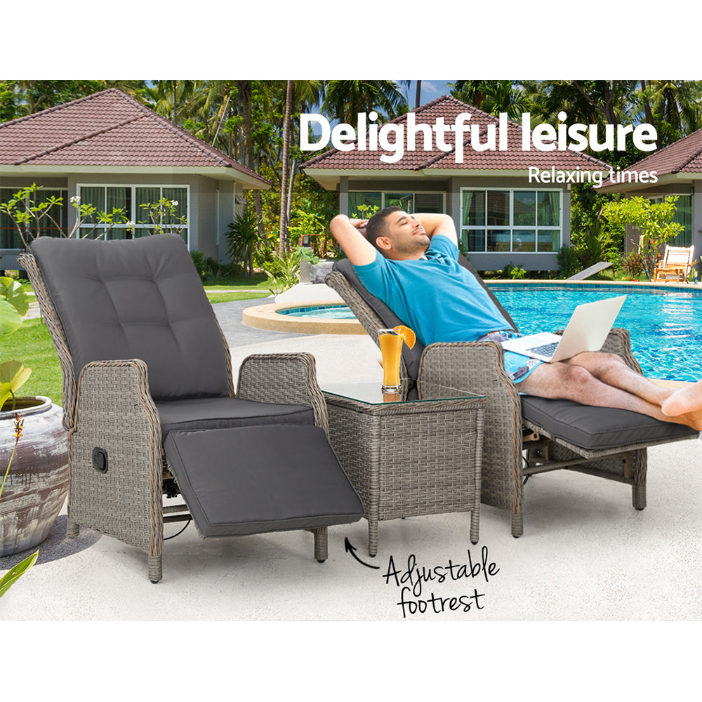 3PC Wicker Outdoor Recliner Chairs & Side Table Set - Grey - Homecoze
