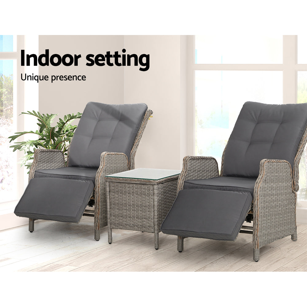 3PC Wicker Outdoor Recliner Chairs & Side Table Set - Grey