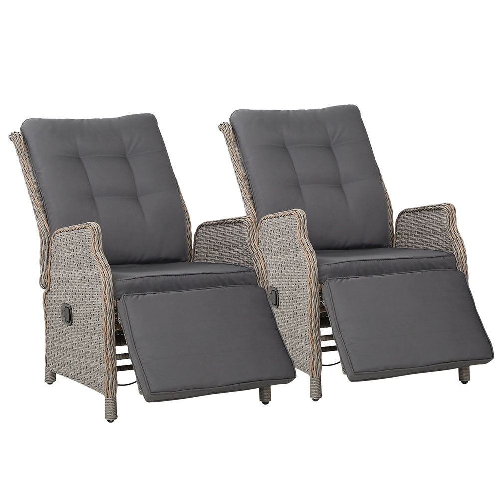 Set of 2 Wicker Outdoor Recliner Chairs - Grey - Homecoze