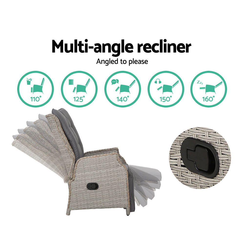 Set of 2 Wicker Outdoor Recliner Chairs - Grey - Homecoze