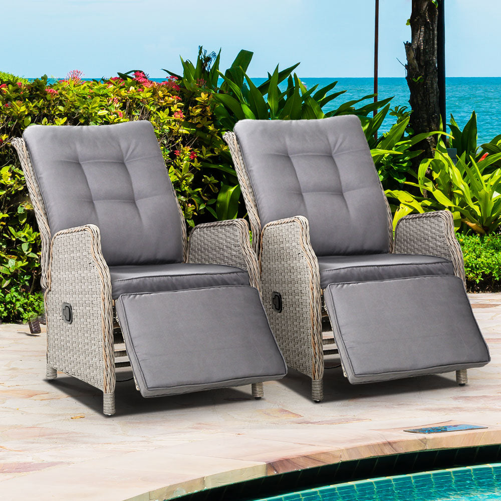 Set of 2 Wicker Outdoor Recliner Chairs - Grey - Homecoze