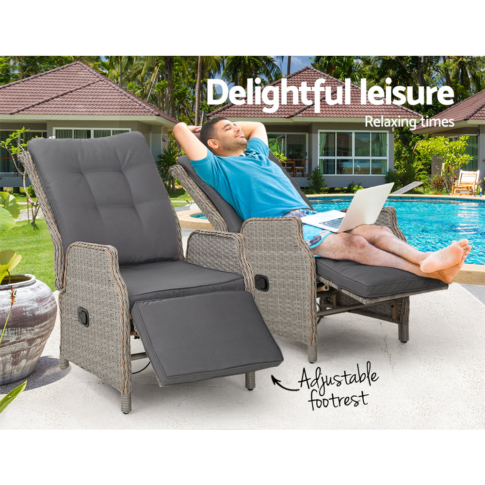 Set of 2 Wicker Outdoor Recliner Chairs - Grey - Homecoze