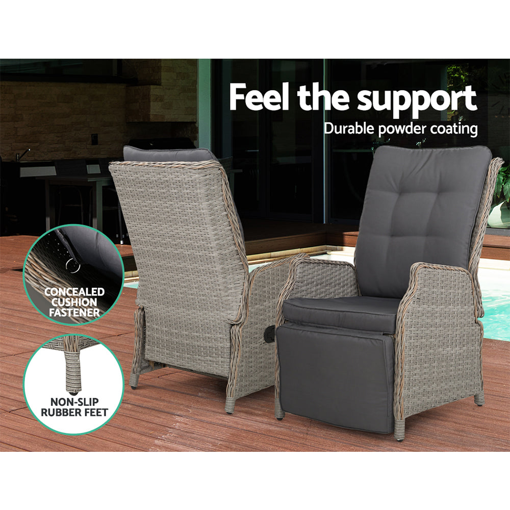 Set of 2 Wicker Outdoor Recliner Chairs - Grey