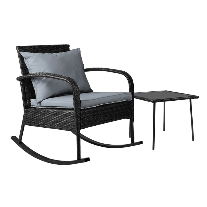 Outdoor Wicker Rocking Chair & Side Table Set - Black