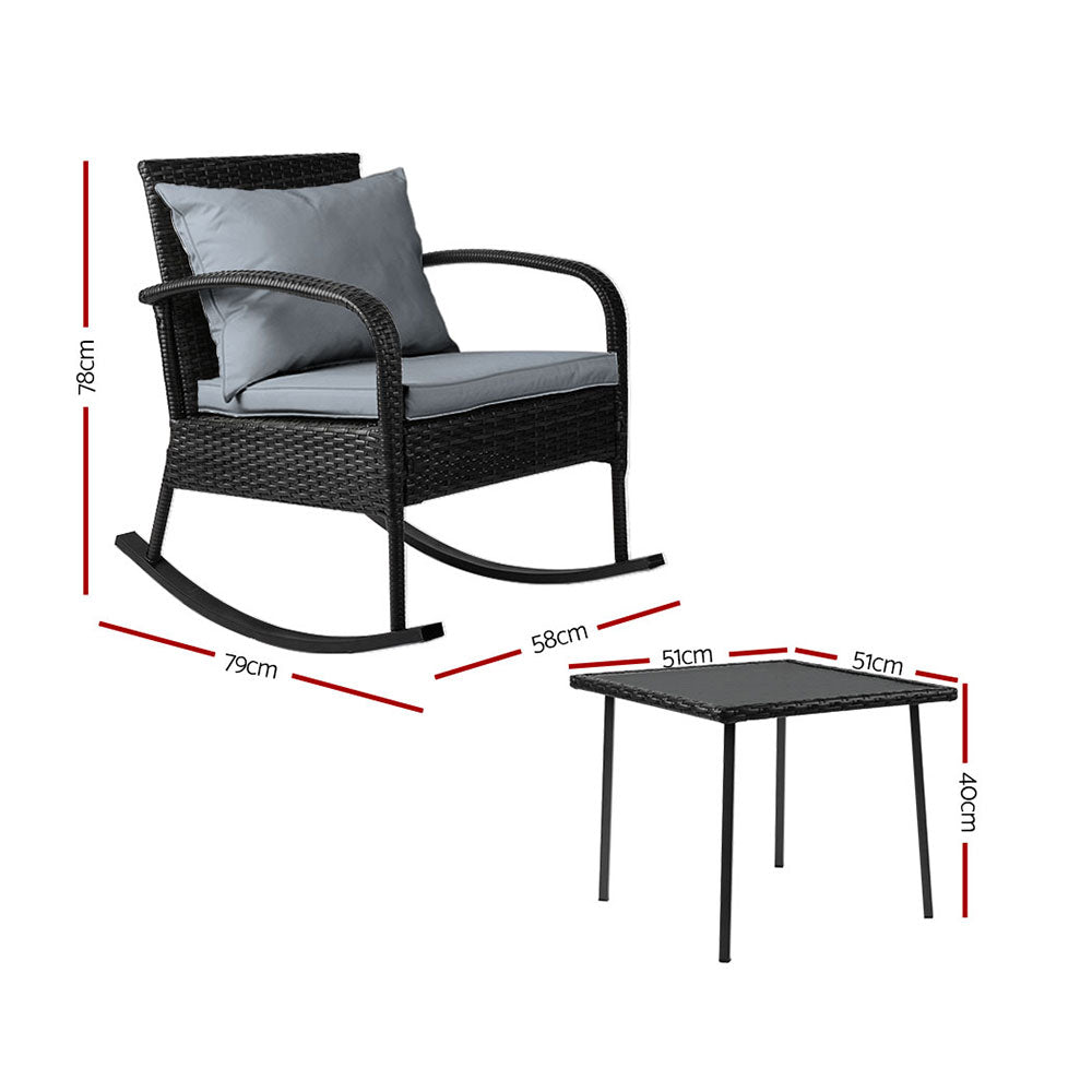 Outdoor Wicker Rocking Chair & Side Table Set - Black - Homecoze