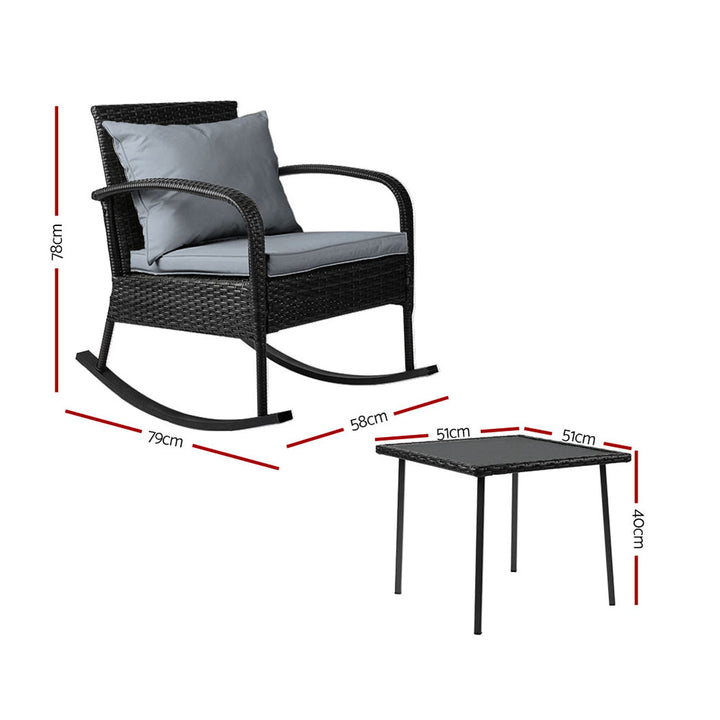 Outdoor Wicker Rocking Chair & Side Table Set - Black