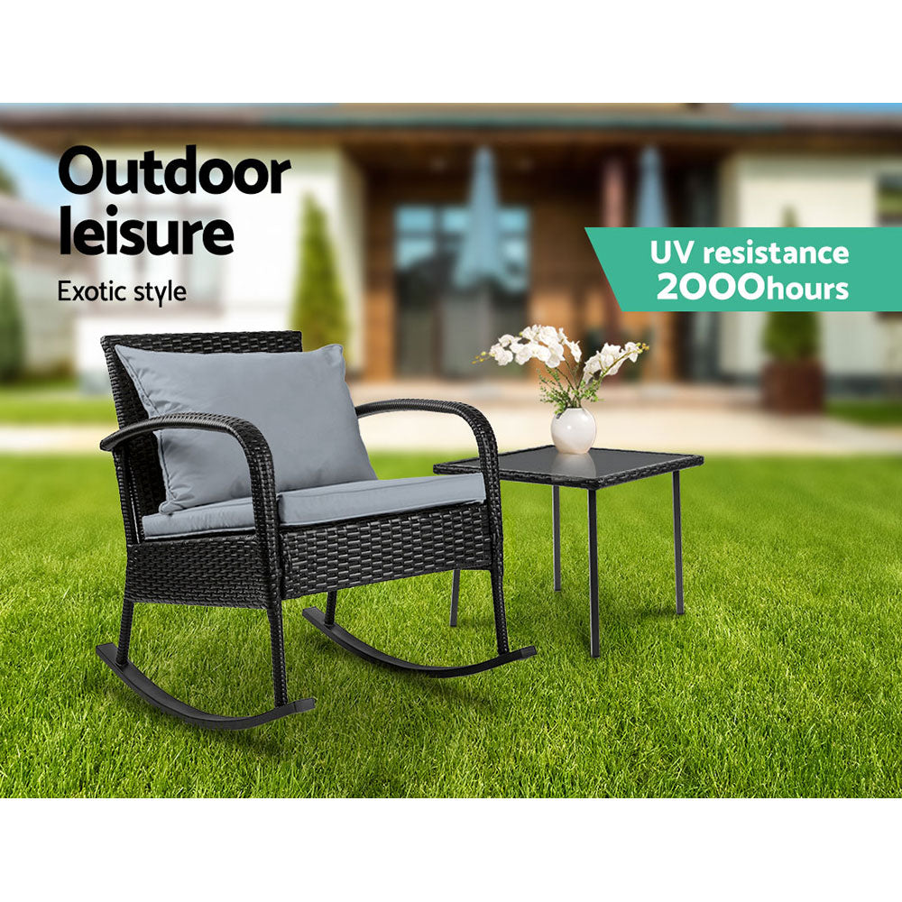 Outdoor Wicker Rocking Chair & Side Table Set - Black - Homecoze