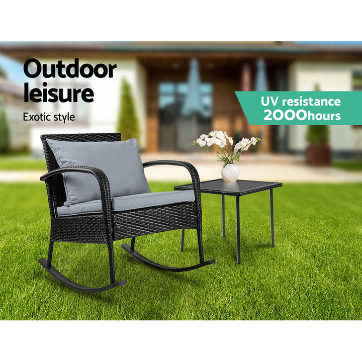 Outdoor Wicker Rocking Chair & Side Table Set - Black