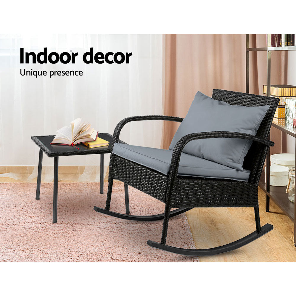 Outdoor Wicker Rocking Chair & Side Table Set - Black - Homecoze