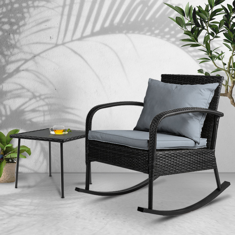 Outdoor Wicker Rocking Chair & Side Table Set - Black - Homecoze