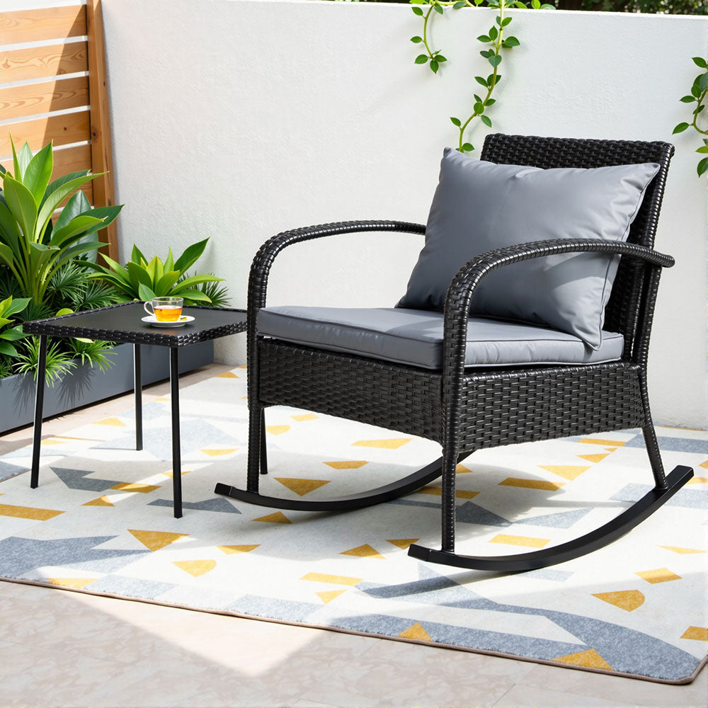 Outdoor Wicker Rocking Chair & Side Table Set - Black - Homecoze