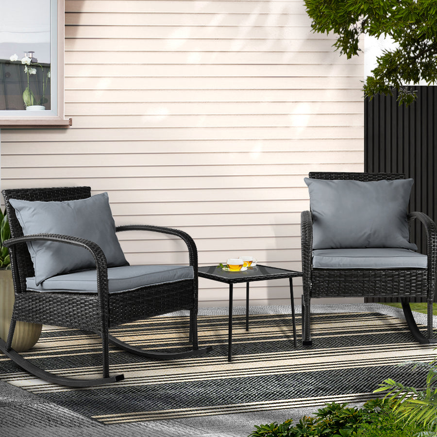 3 Piece Outdoor Chair Rocking Set - Black - Homecoze