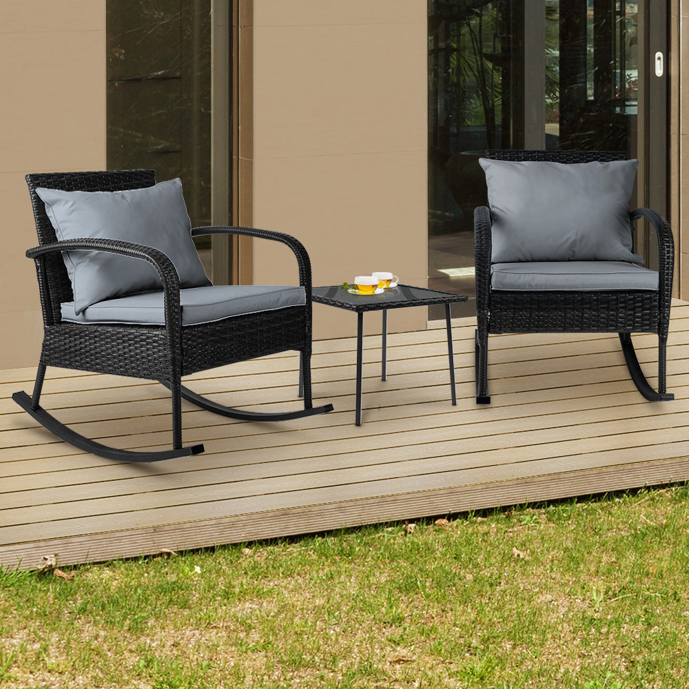 3 Piece Outdoor Chair Rocking Set - Black - Homecoze