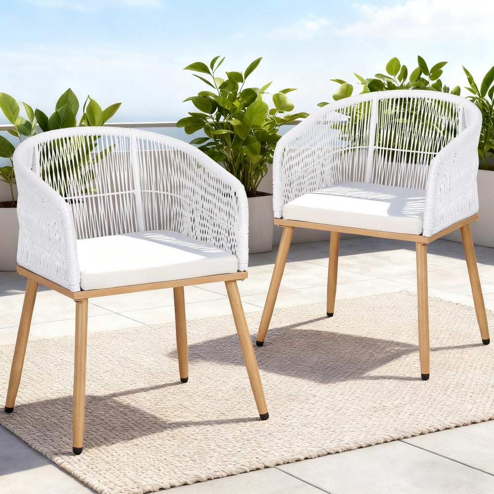 Gardeon 2PC Outdoor Dining Chairs Wicker Chair Patio Furniture Garden Steel White - Homecoze