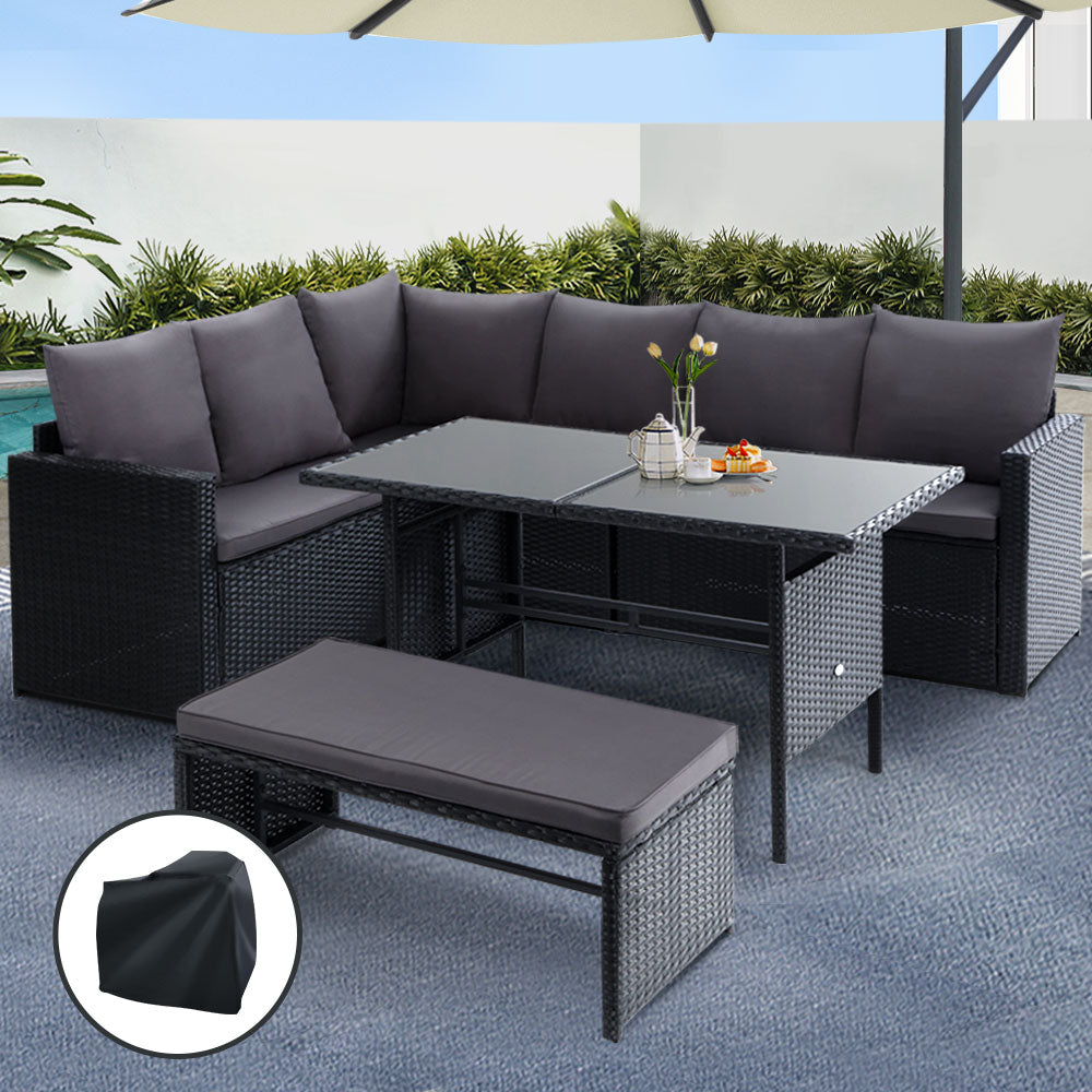 8-Seat Wicker Outdoor Sofa Dining Set with Storage Cover - Black