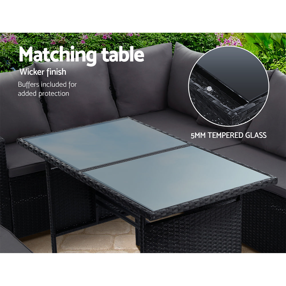 8-Seat Wicker Outdoor Sofa Dining Set with Storage Cover - Black - Homecoze
