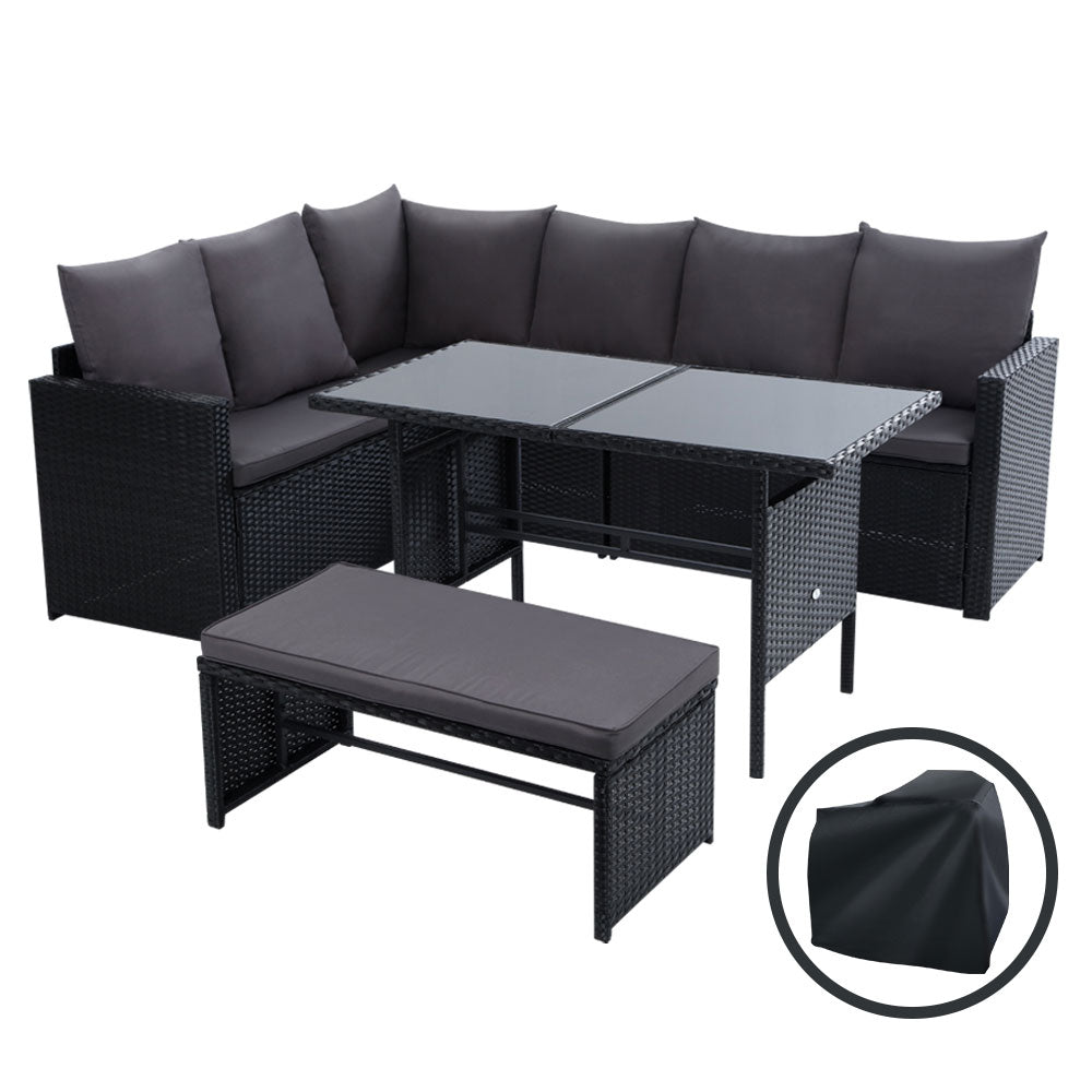 8-Seat Wicker Outdoor Sofa Dining Set with Storage Cover - Black
