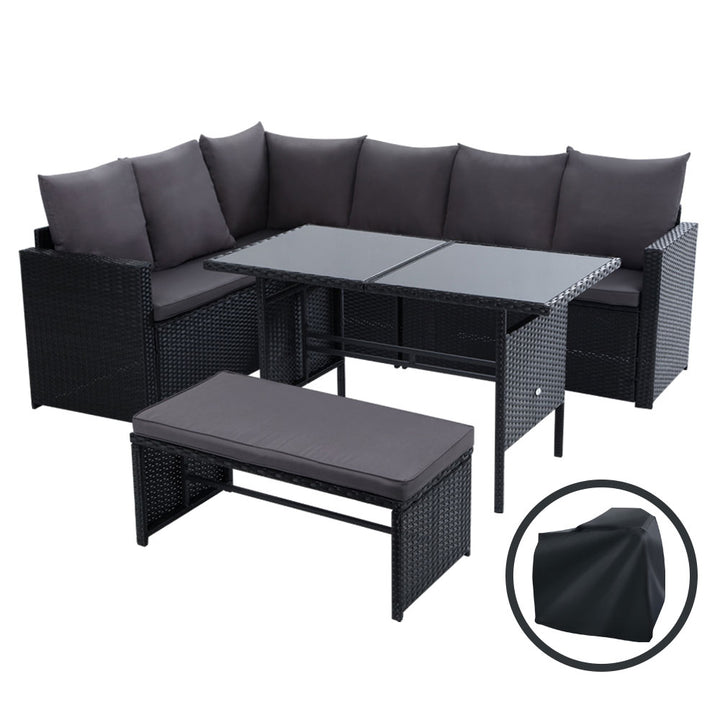 8-Seat Wicker Outdoor Sofa Dining Set with Storage Cover - Black