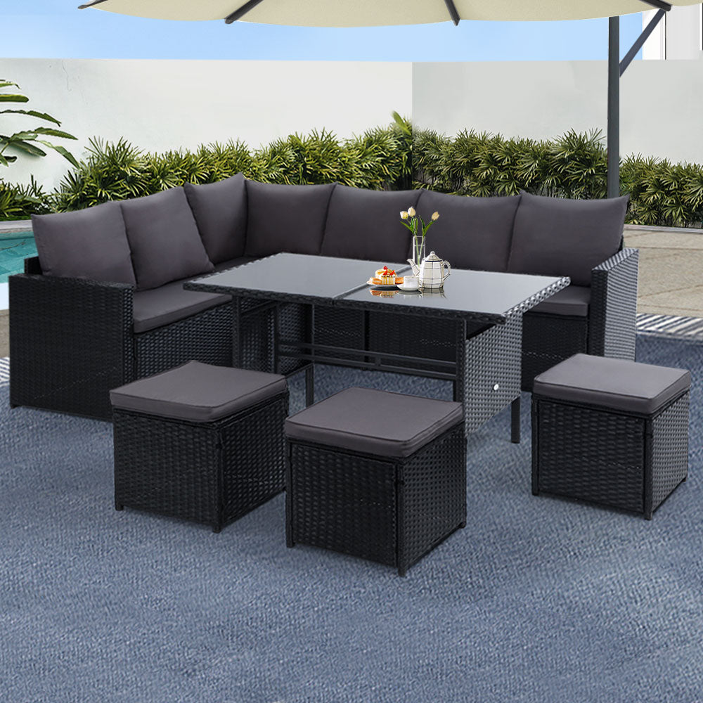 9-Seat Wicker Outdoor Sofa Dining Set - Black - Homecoze
