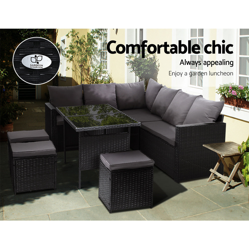 9-Seat Wicker Outdoor Sofa Dining Set - Black - Homecoze