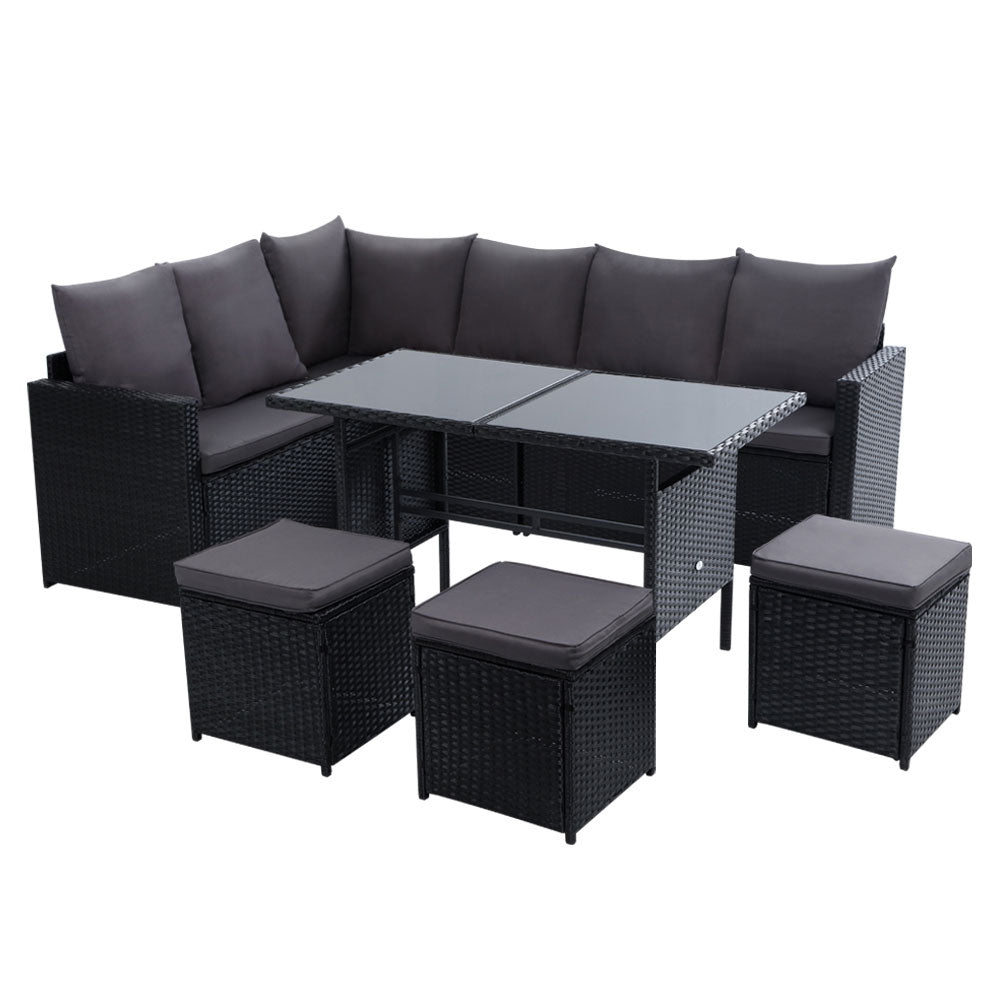 9-Seat Wicker Outdoor Sofa Dining Set - Black - Homecoze
