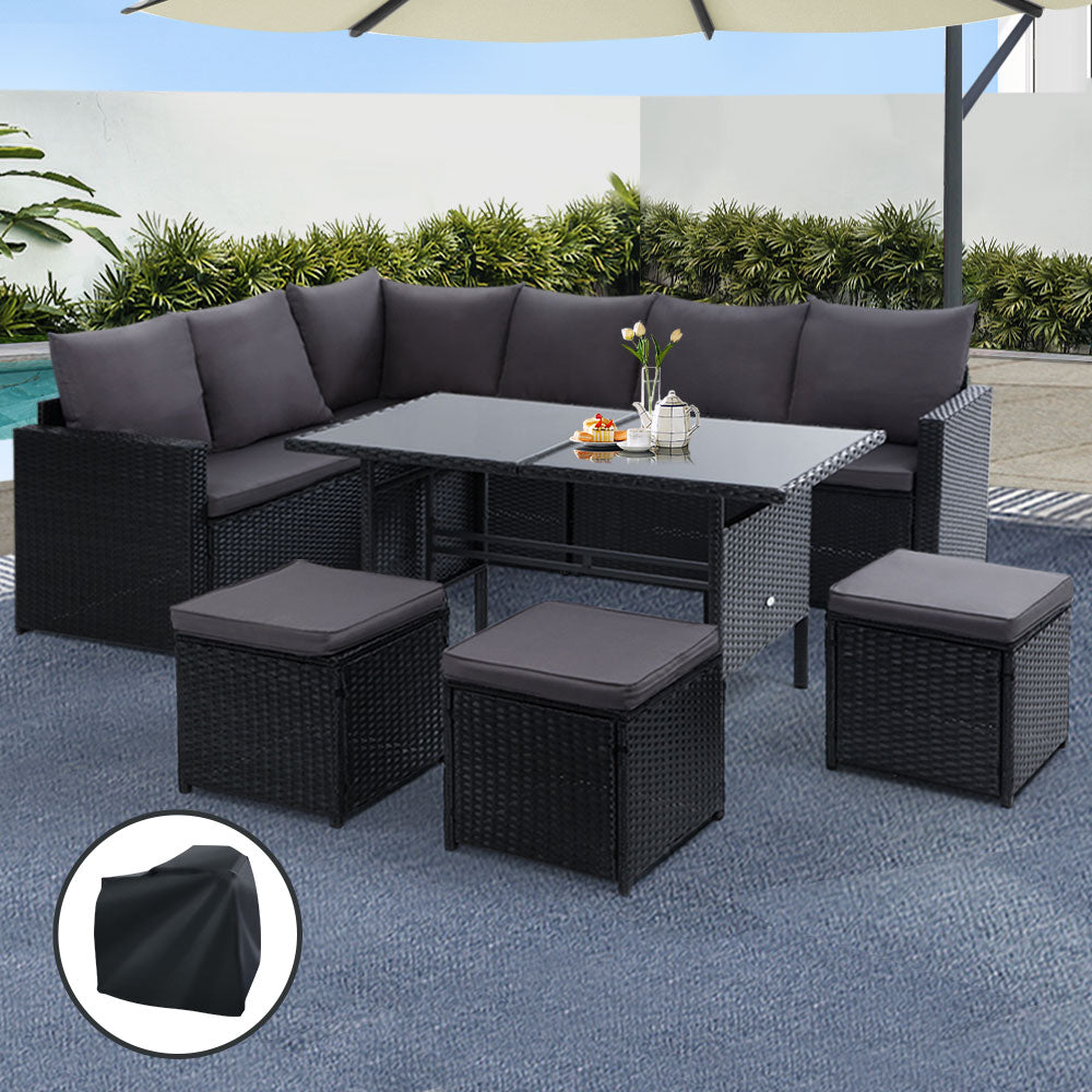 9-Seat Wicker Outdoor Sofa Dining Set with Storage Cover - Black - Homecoze