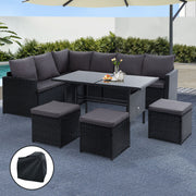 9-Seat Wicker Outdoor Sofa Dining Set with Storage Cover - Black - Homecoze