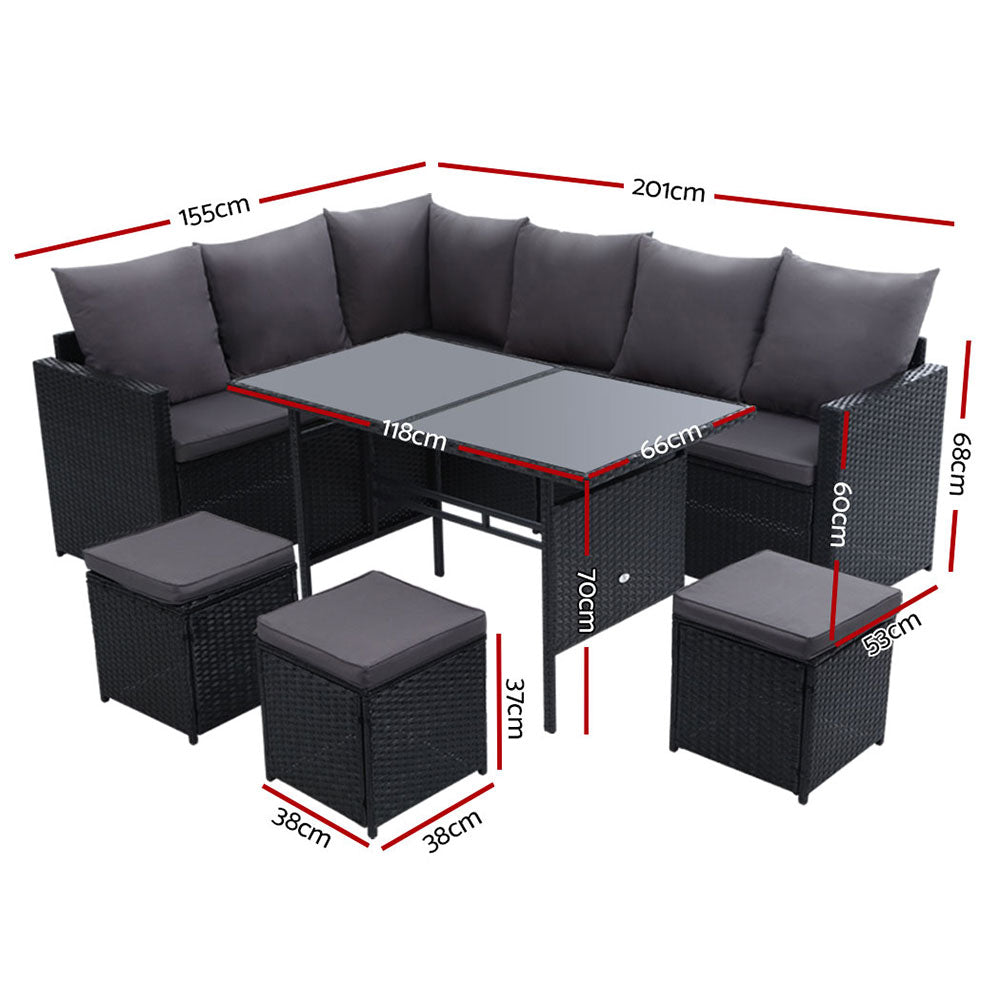 9-Seat Wicker Outdoor Sofa Dining Set with Storage Cover - Black - Homecoze