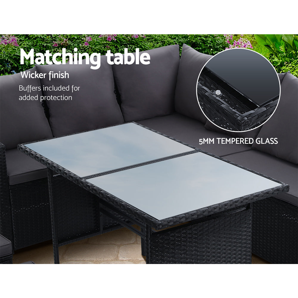 9-Seat Wicker Outdoor Sofa Dining Set with Storage Cover - Black - Homecoze