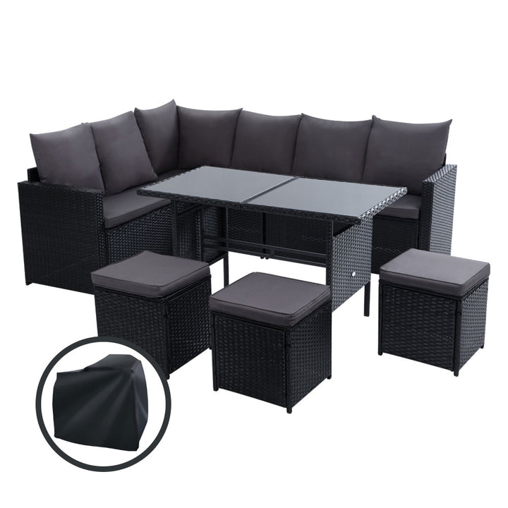 9-Seat Wicker Outdoor Sofa Dining Set with Storage Cover - Black
